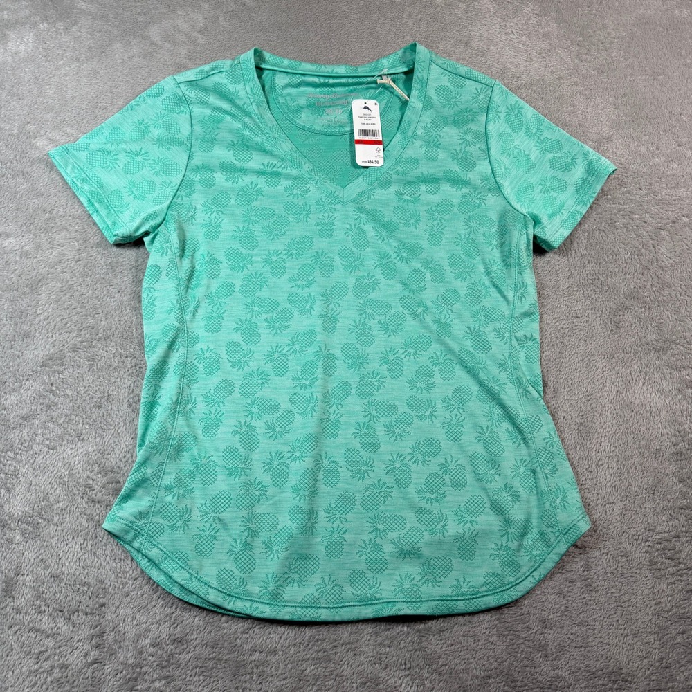 Tommy Bahama IslandZone Palm Coast Pineapple Shirt‎ Women XS Aloha Aqua V-Neck